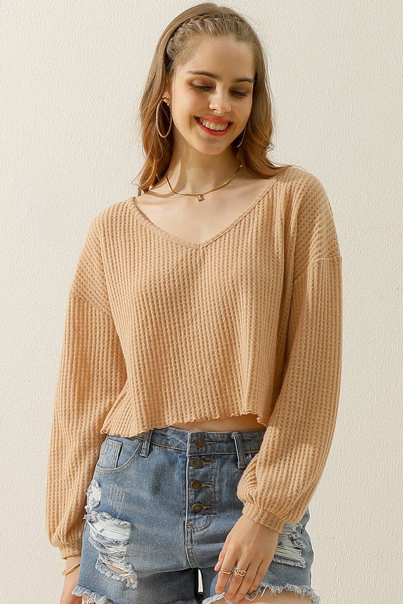 CWTTL1469_V-Neck Long Sleeve Knit Top