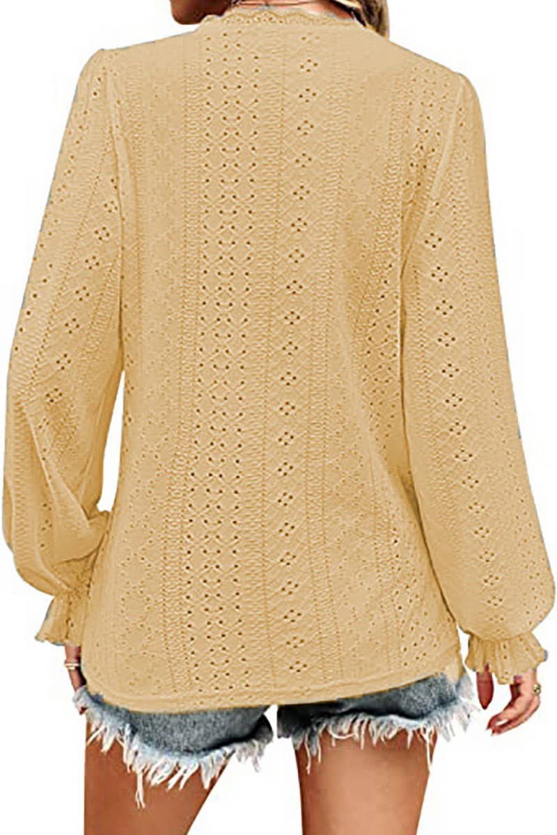 CWTBLL1046_V-NECK SOLID COLOR HOLLOW CASUAL LONG-SLEEVED TOP