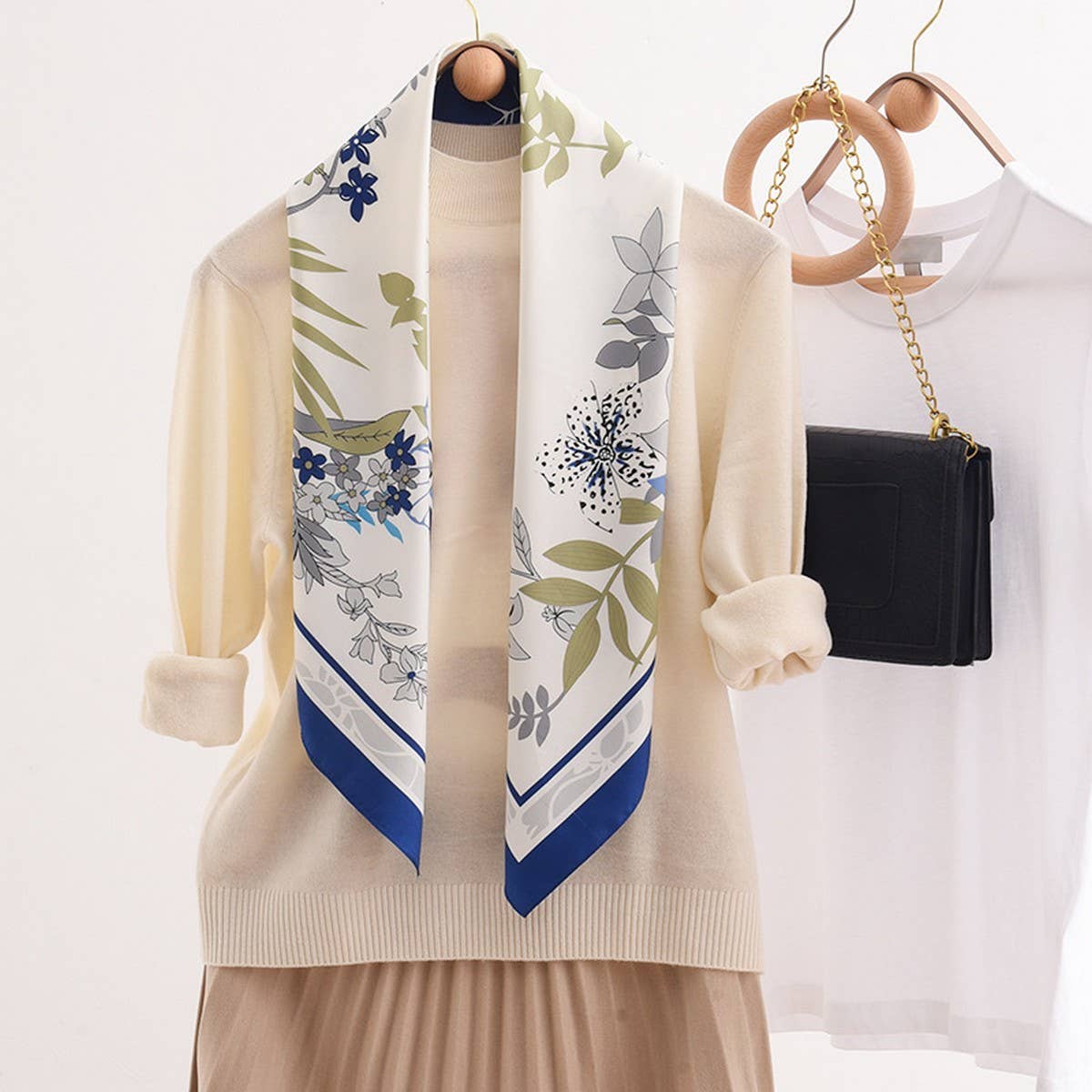 FLORAL PATTERN LARGE SQUARE SILK FEELING SCARF