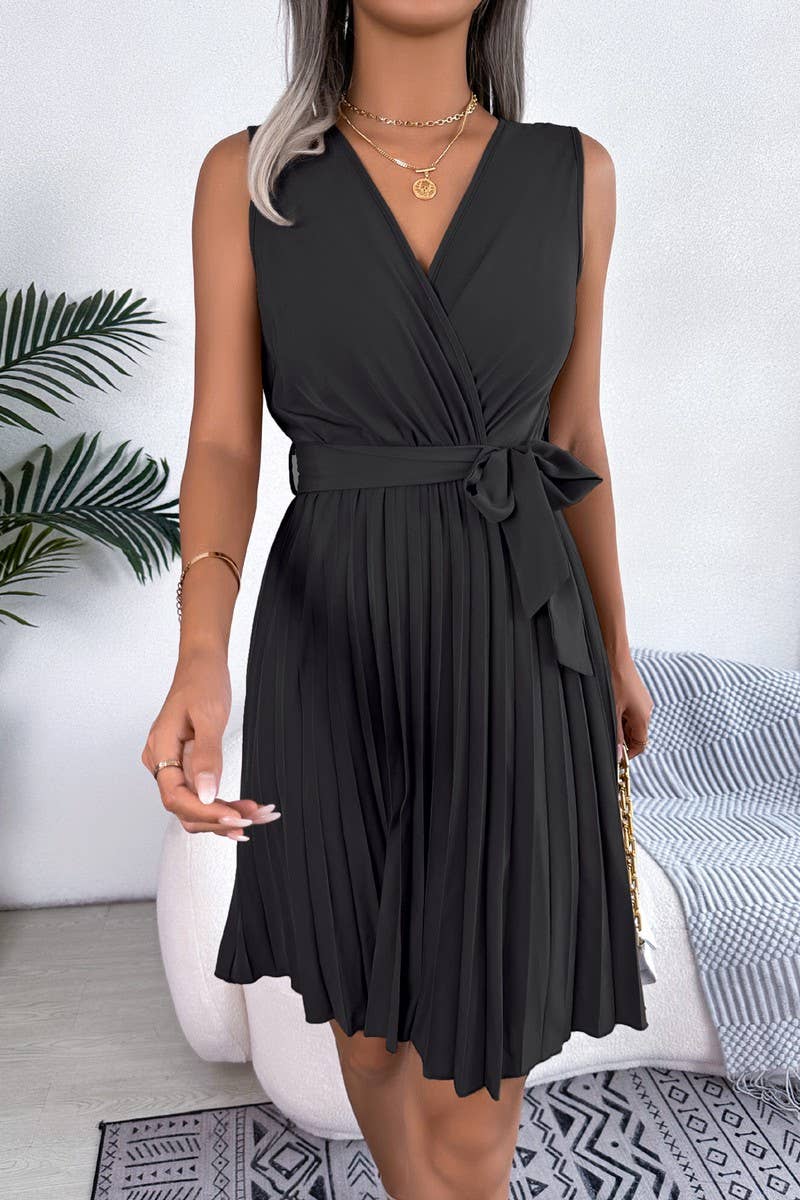 CROSS V NECK SLEEVELESS WAIST PLEAT DRESS_CWDSD2529