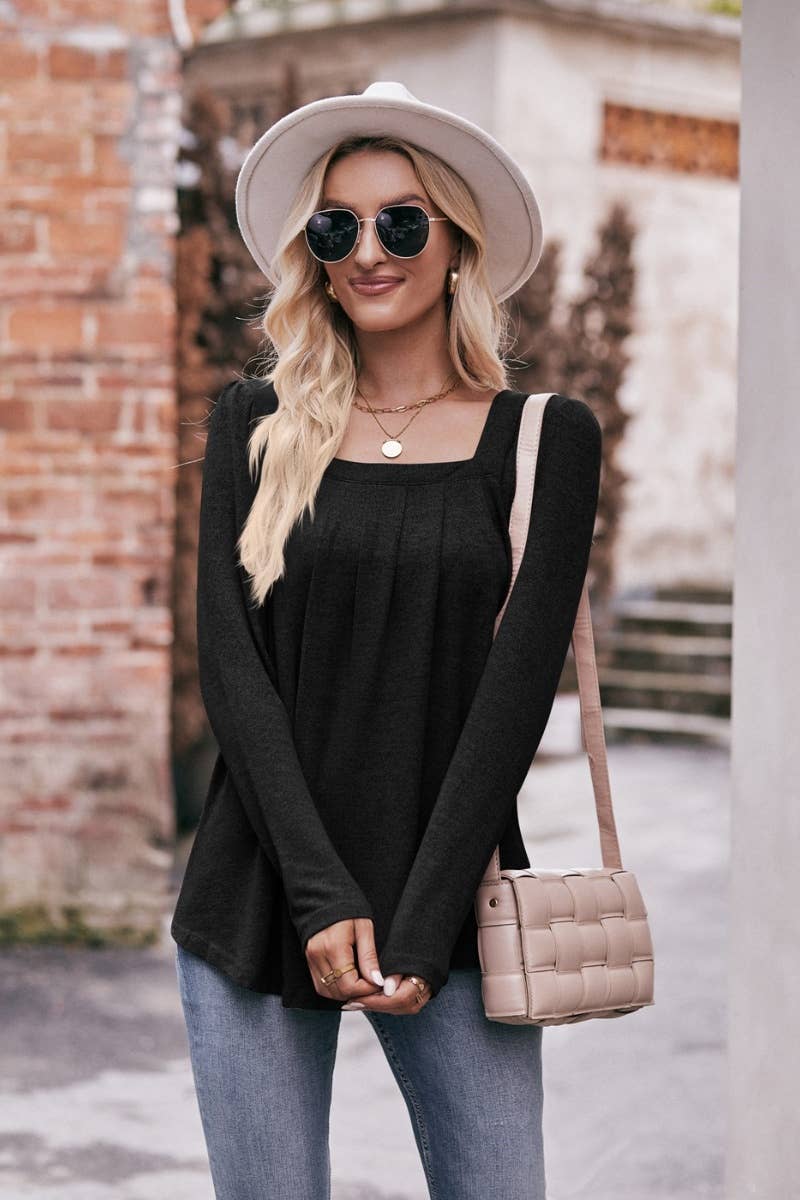 CWTBLL2738_SQUARE-NECK PLEATED LONG-SLEEVED TOP