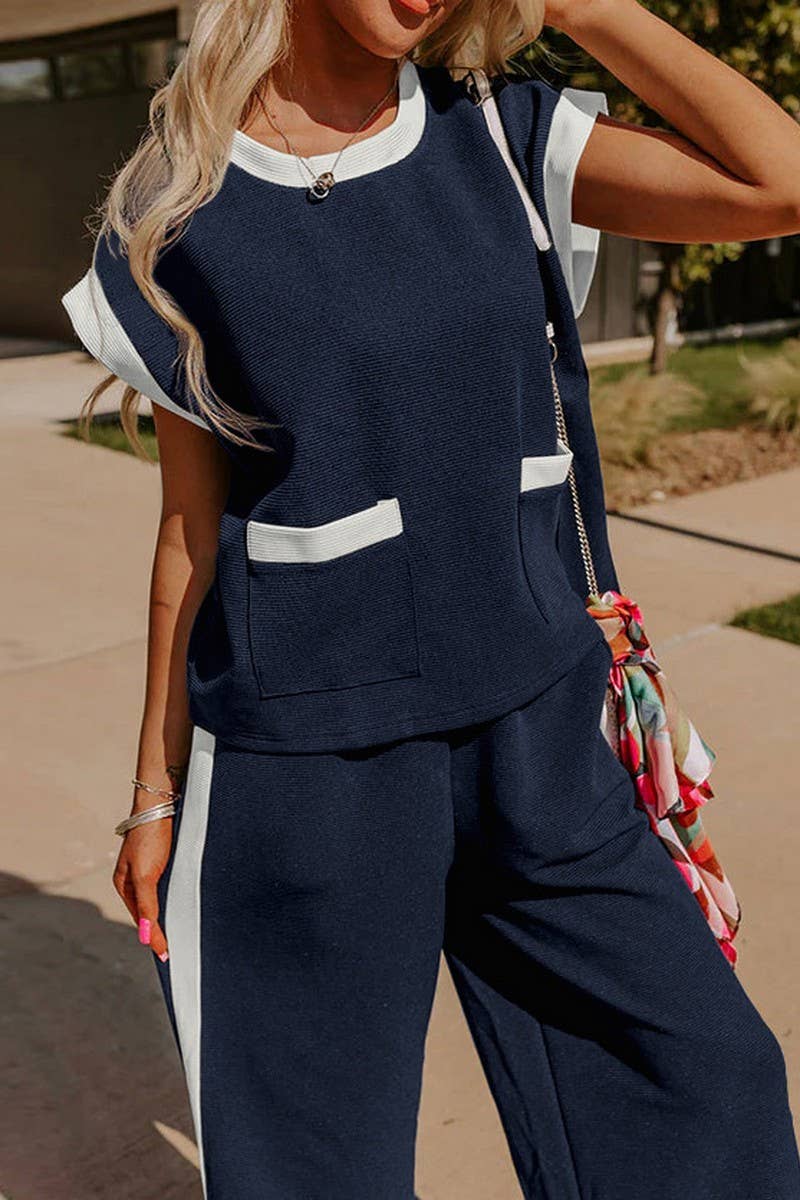 CWSTB1794_COLOR BLOCK ROUND NECK LOOSE FIT TWO-PIECE SET