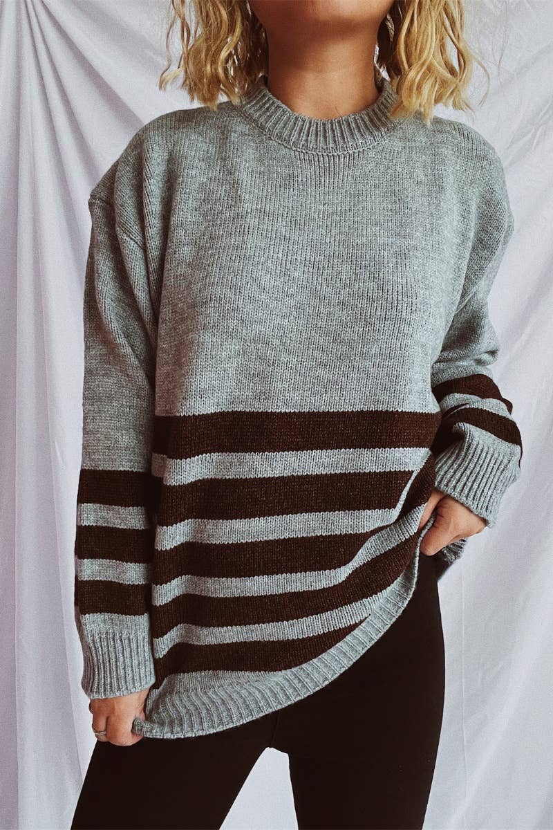 CWOSWL3818_VINTAGE CREW-NECK LONG-SLEEVED STRIPED SWEATER