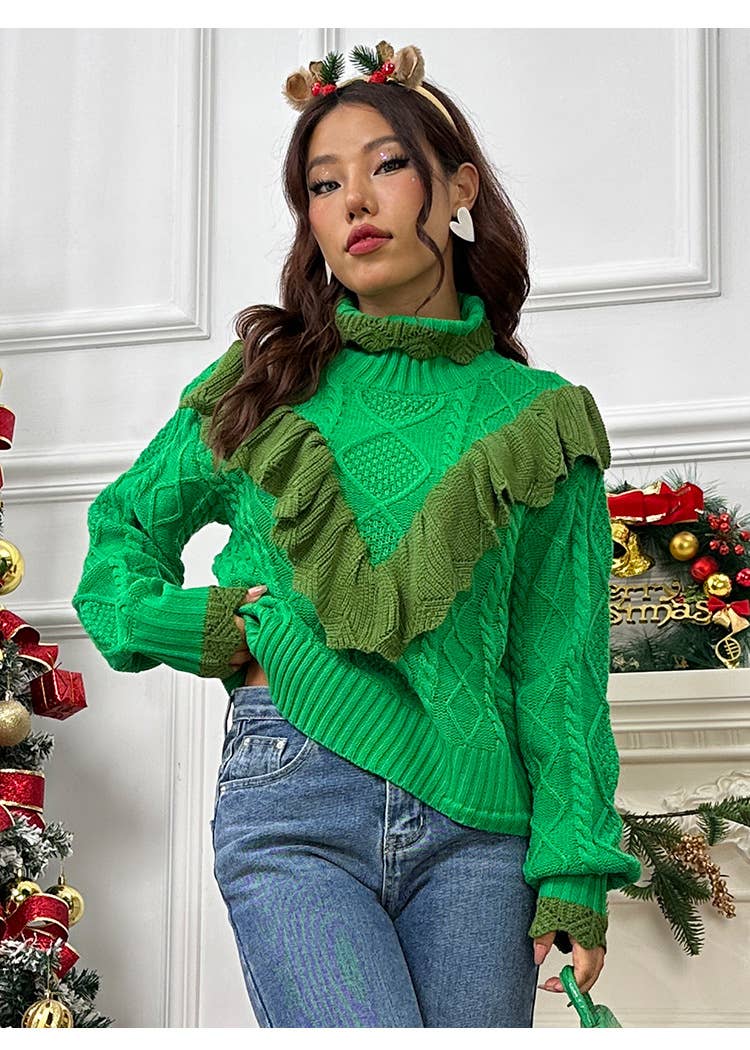 Christmas half-turtleneck ruffled pullover sweater