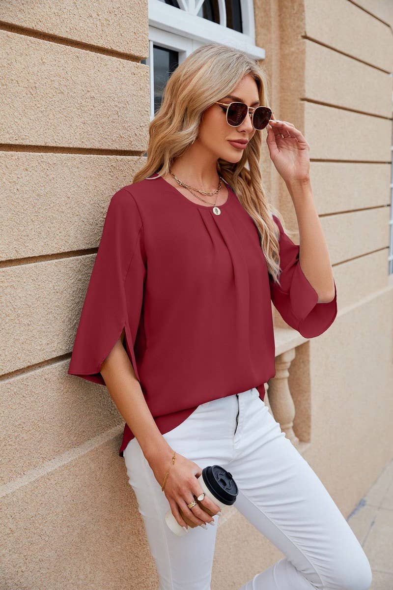 CWTBLS0434_Round Neck Short Sleeve Blouse