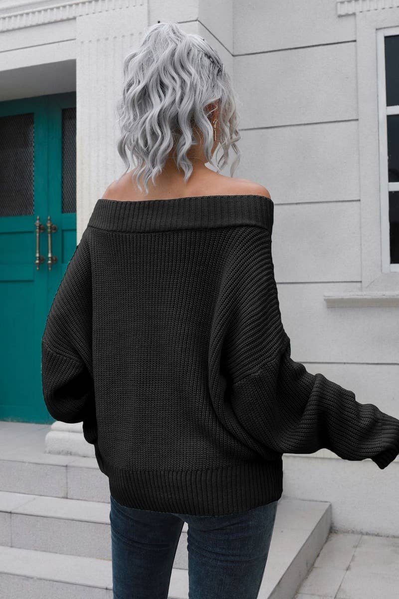 CWOSWL3882_OFF-SHOULDER LONG-SLEEVED KNITTED SWEATER