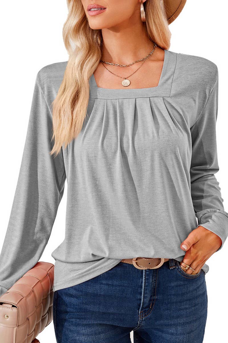 CWTBLL2409_SOLID COLOR SQUARE NECK PLEATED LONG SLEEVE TOP