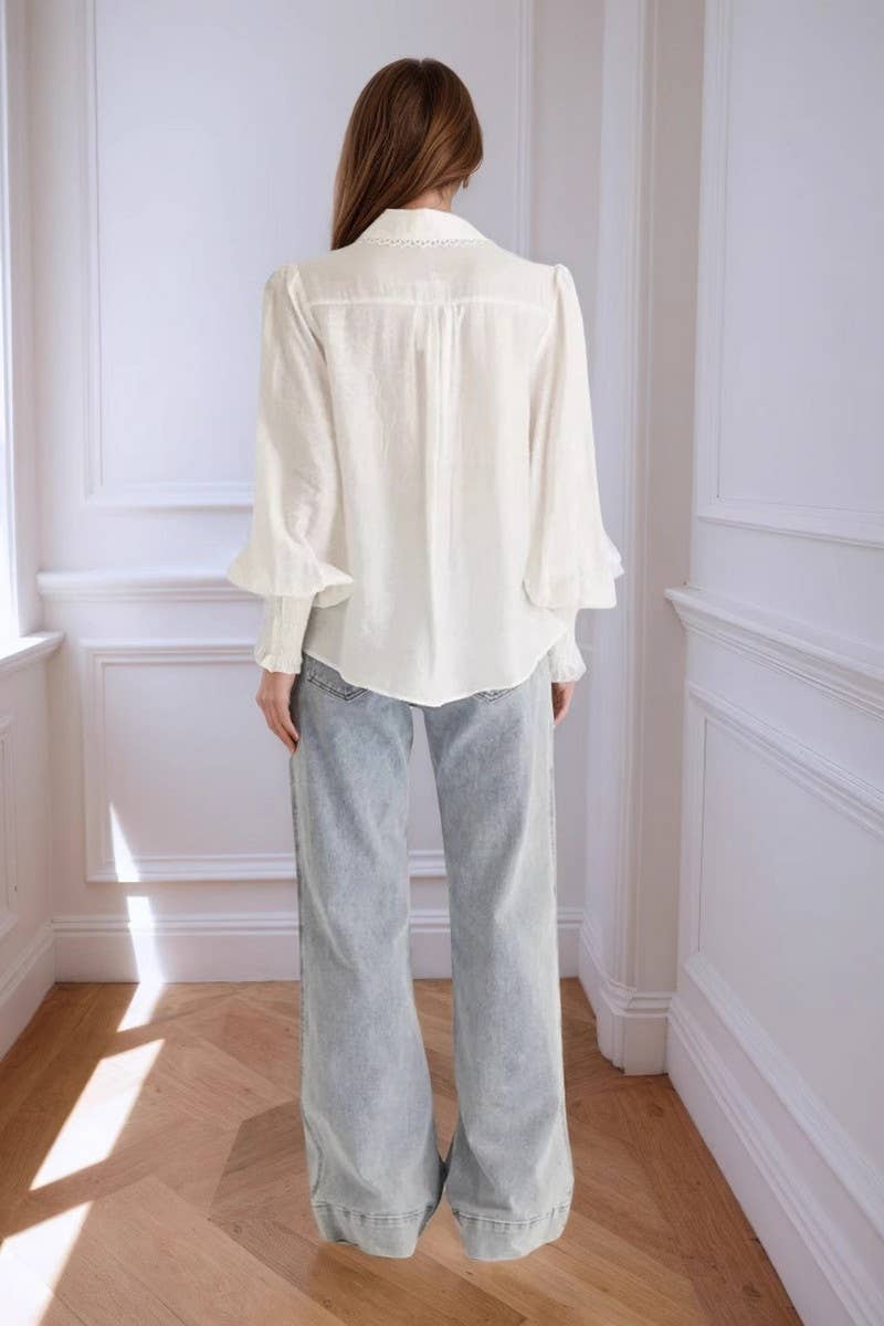 CWTSTL2905_WHITE LACE TRIM LANTERN SLEEVE SHIRT BLOUSE