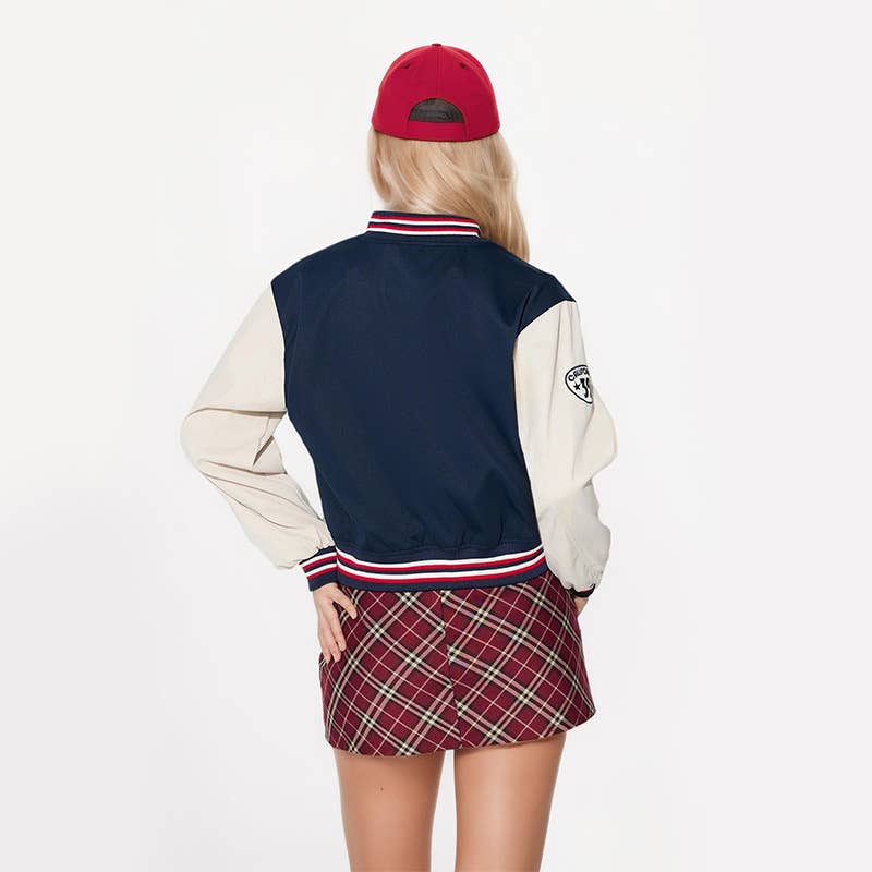 COLOR CONTRAST PATCHWORK PRINT BASEBALL JACKET