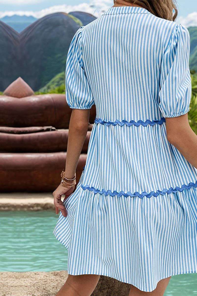 CWDSD4283_VERTICAL STRIPED STAND COLLAR LACE DRESS