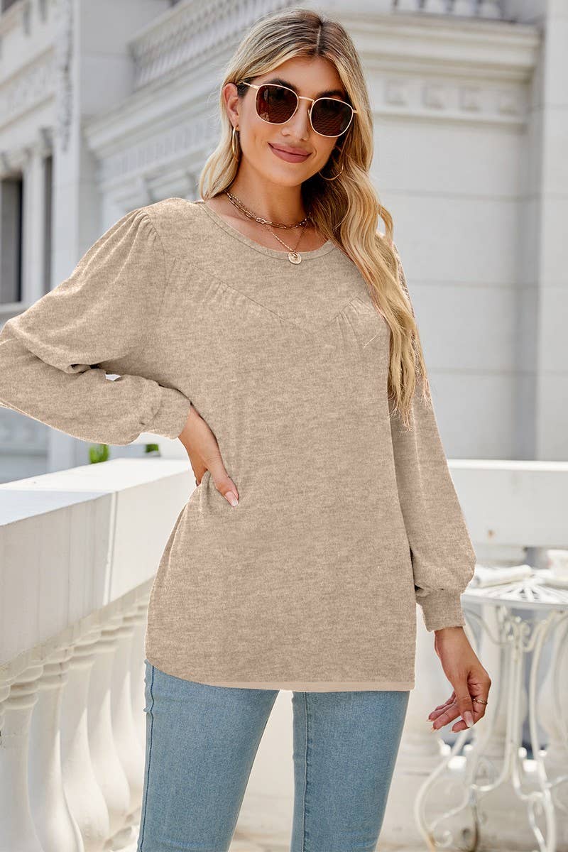 CWTBLL3690_LOOSE CREW NECK CASUAL PLEATED TOP