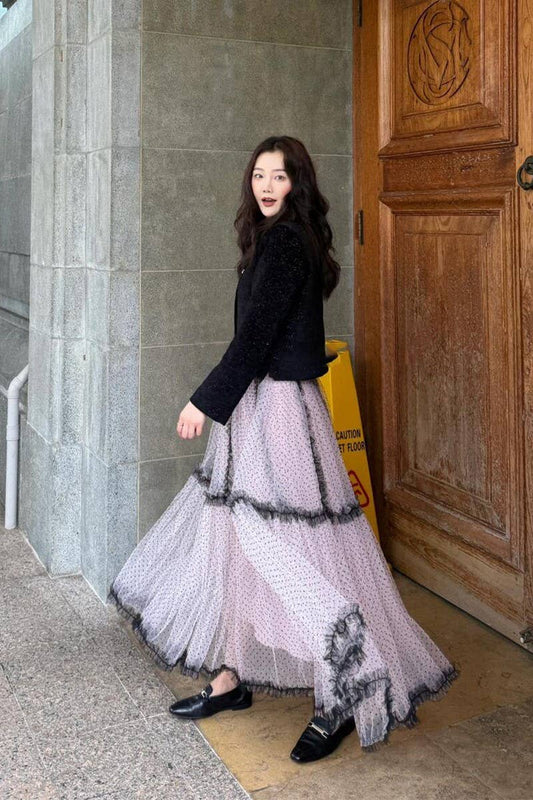 CWBMS0448_POLKA DOT MESH A-LINE MIDI SKIRT WITH TIERS