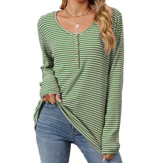 CREW-NECK BUTTON-DOWN LONG SLEEVE STRIPED T-SHIRT