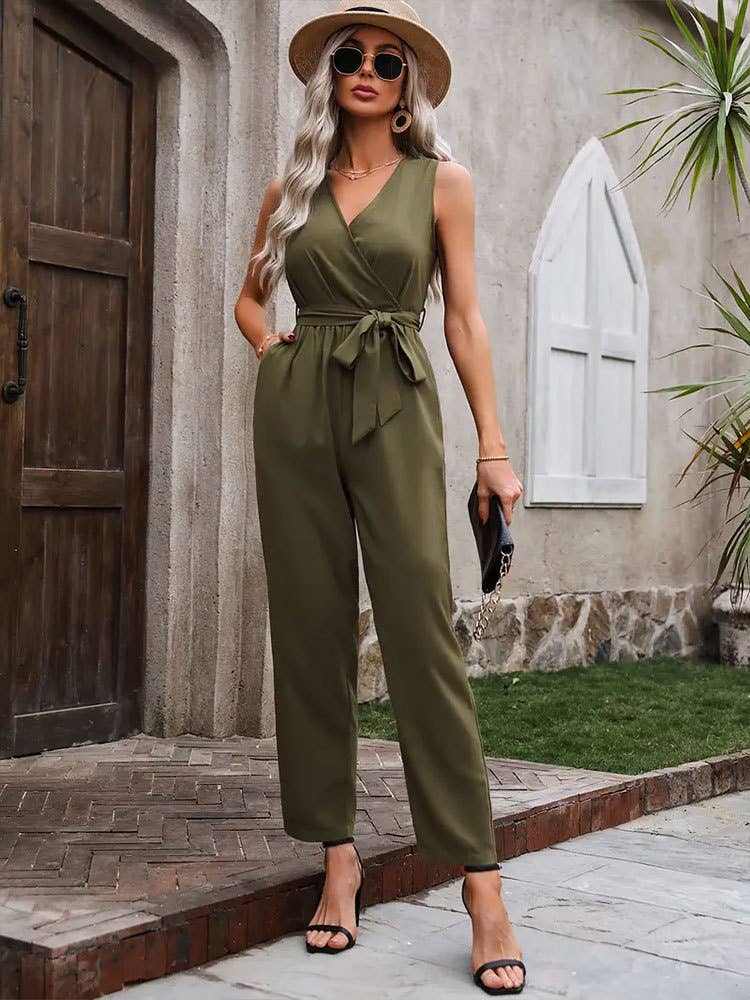 Cross-neck waistband jumpsuit