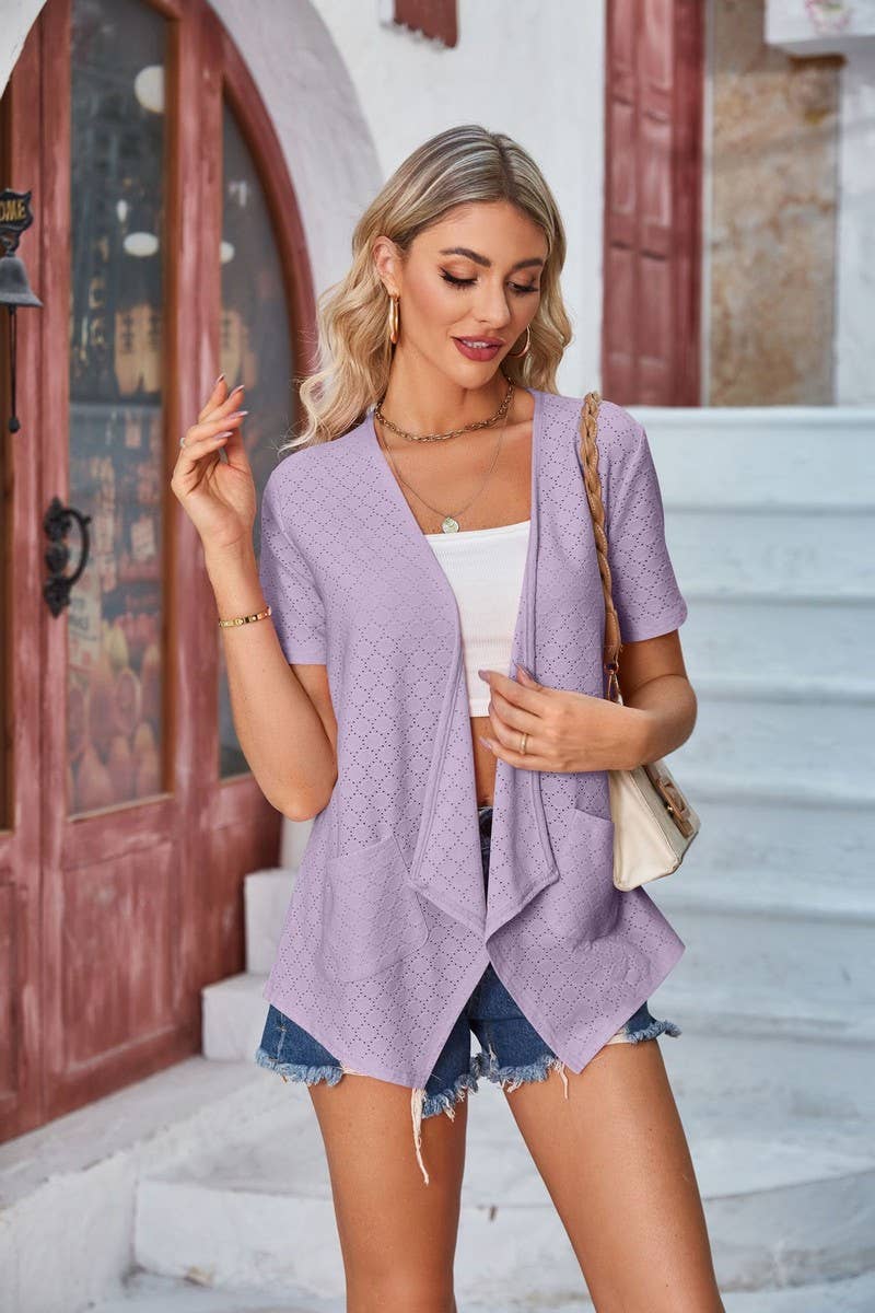 CWTBLS1113_SOLID COLOR HOLLOW CASUAL SHORT-SLEEVED CARDIGAN