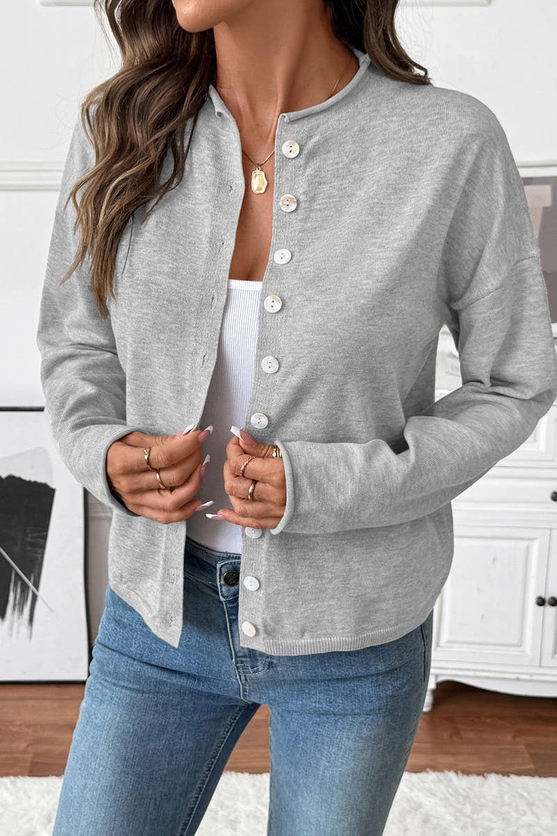 CWOCAL00593_SINGLE BUTTON CREWNECK KNIT CARDIGAN SWEATER