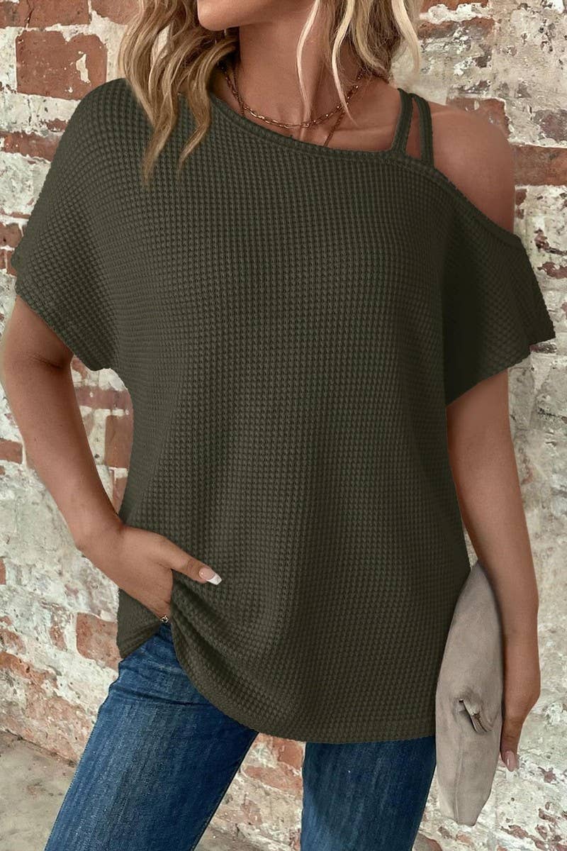 CWTBLS1617_SOLID COLOR OFF-SHOULDER SHORT-SLEEVED KNIT TOP