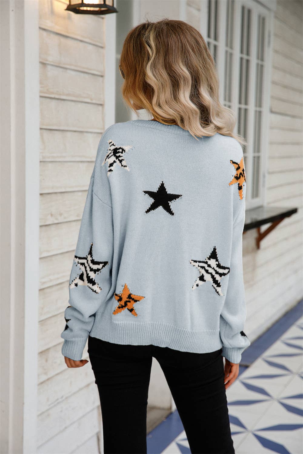 CREW-NECK STAR LONG-SLEEVED PULLOVER SWEATER