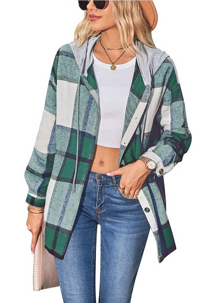 CWOCO1102_CASUAL LOOSE MID-LENGTH PLAID HOODED COAT