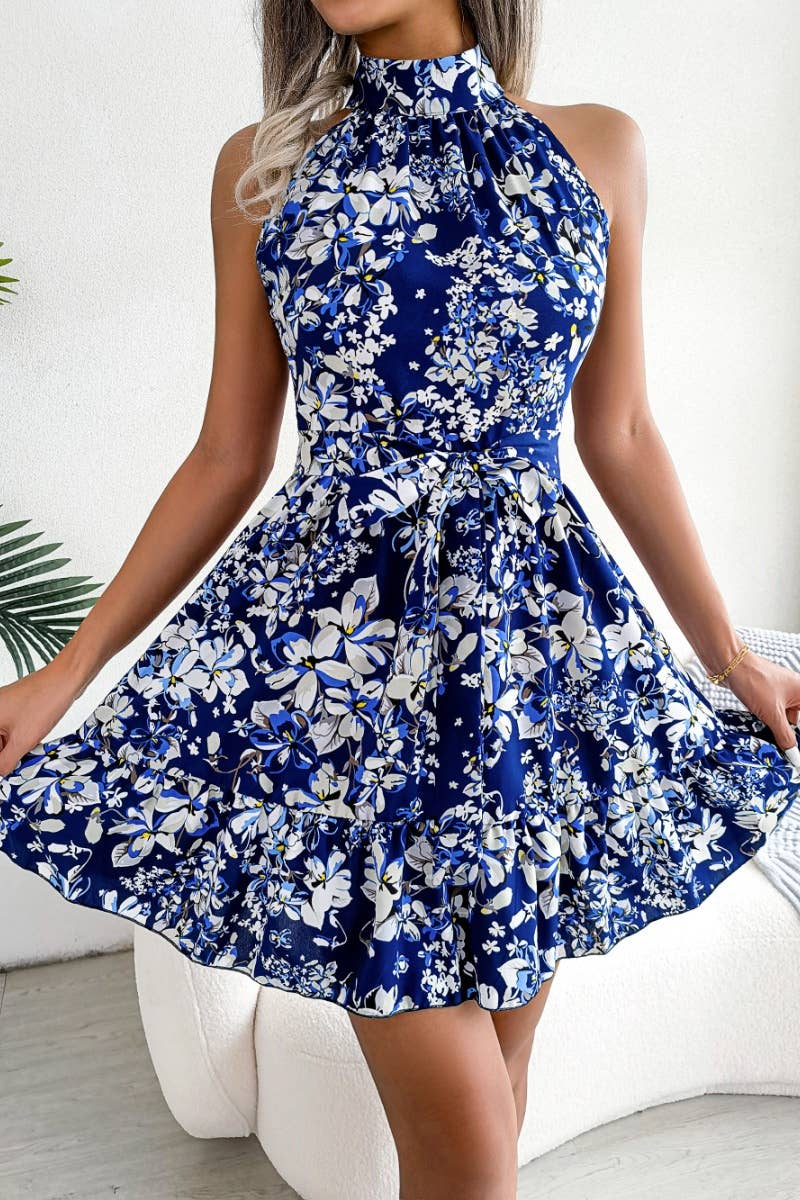 CWDSD4629_SHORT SUMMER LACE-UP FLORAL DRESS WITH RUFFLES