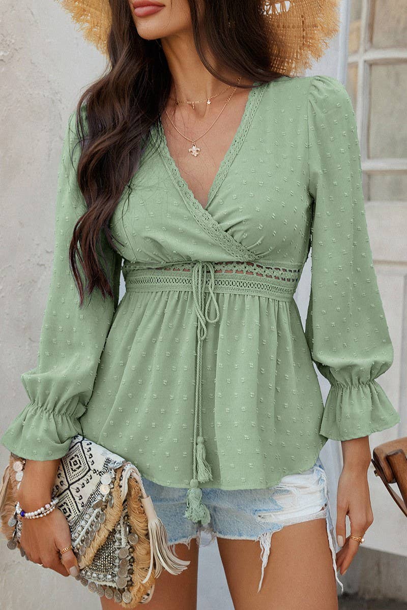 CWTBLL3592_V-NECK SOLID COLOR TIE WAIST TOP SHIRT