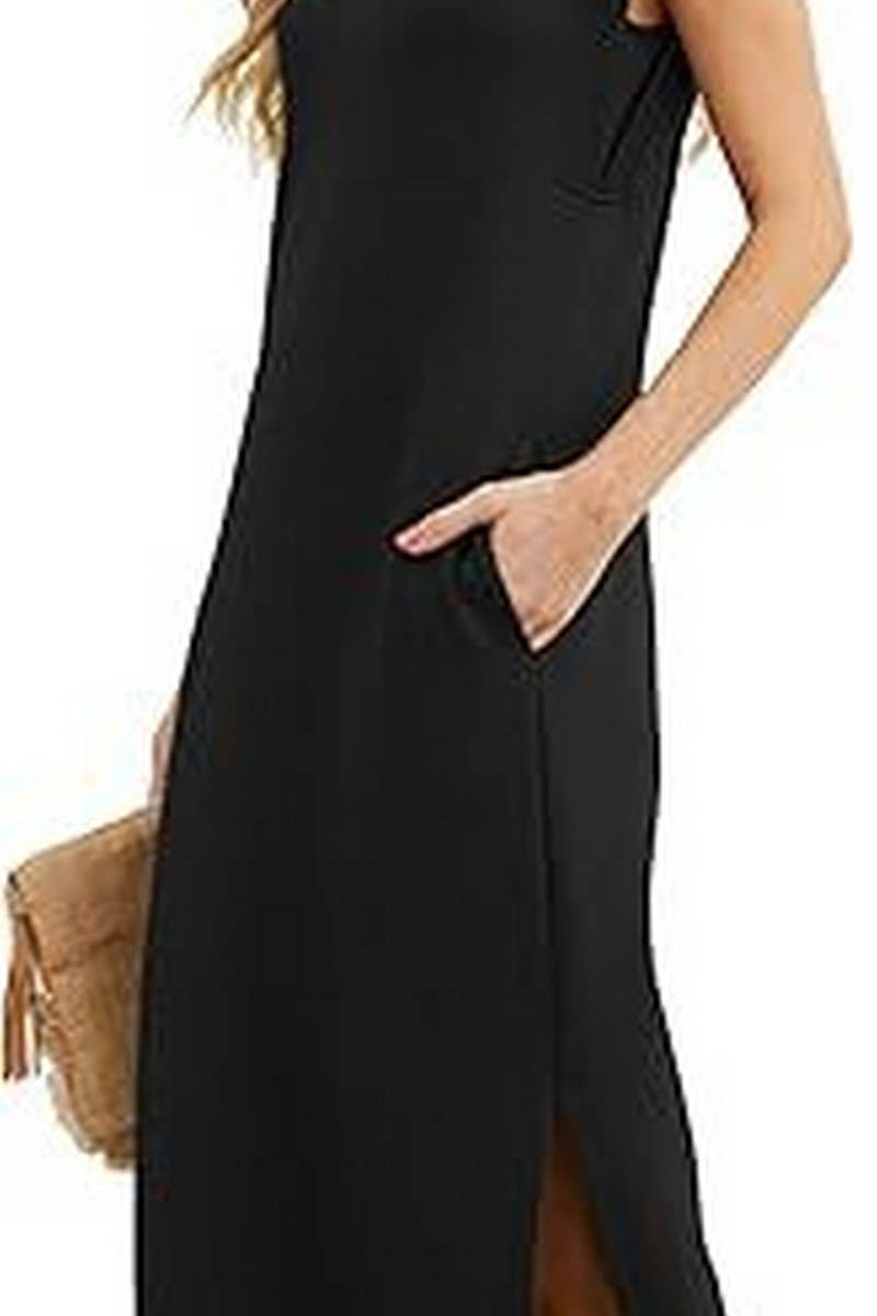 CWDMD5904_SLEEVELESS SPLIT HEM POCKET MAXI BEACH DRESS