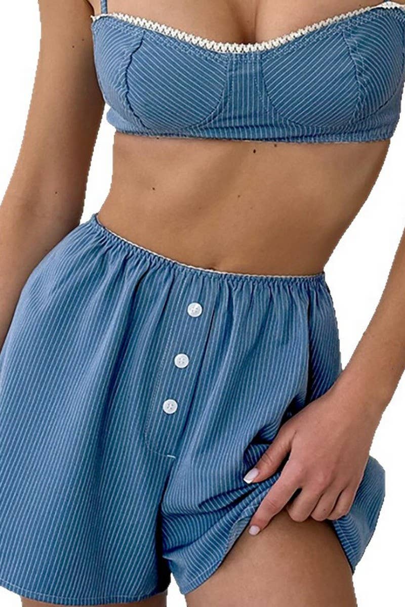 CWSPJ457_STRIPED SUSPENDER TUBE TOP HOME WEAR SET