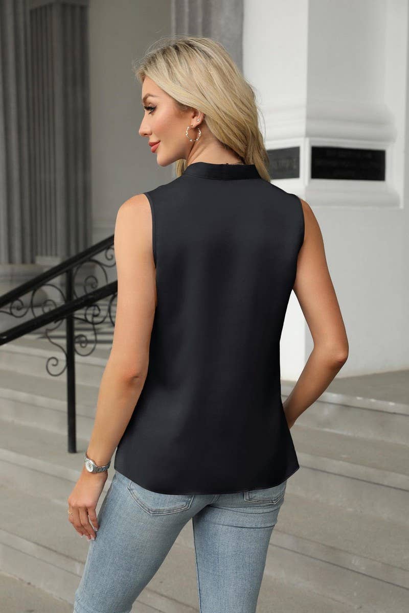 CWTBLSL0963_SATIN BUTTON V-NECK SLEEVELESS BLOUSE