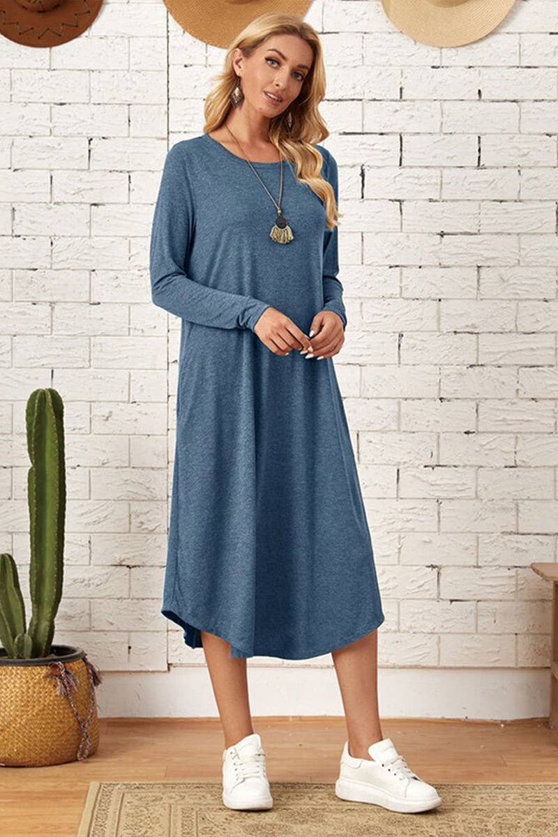 CWDMD3948_SOLID COLOR CASUAL LONG SLEEVE LONG DRESS