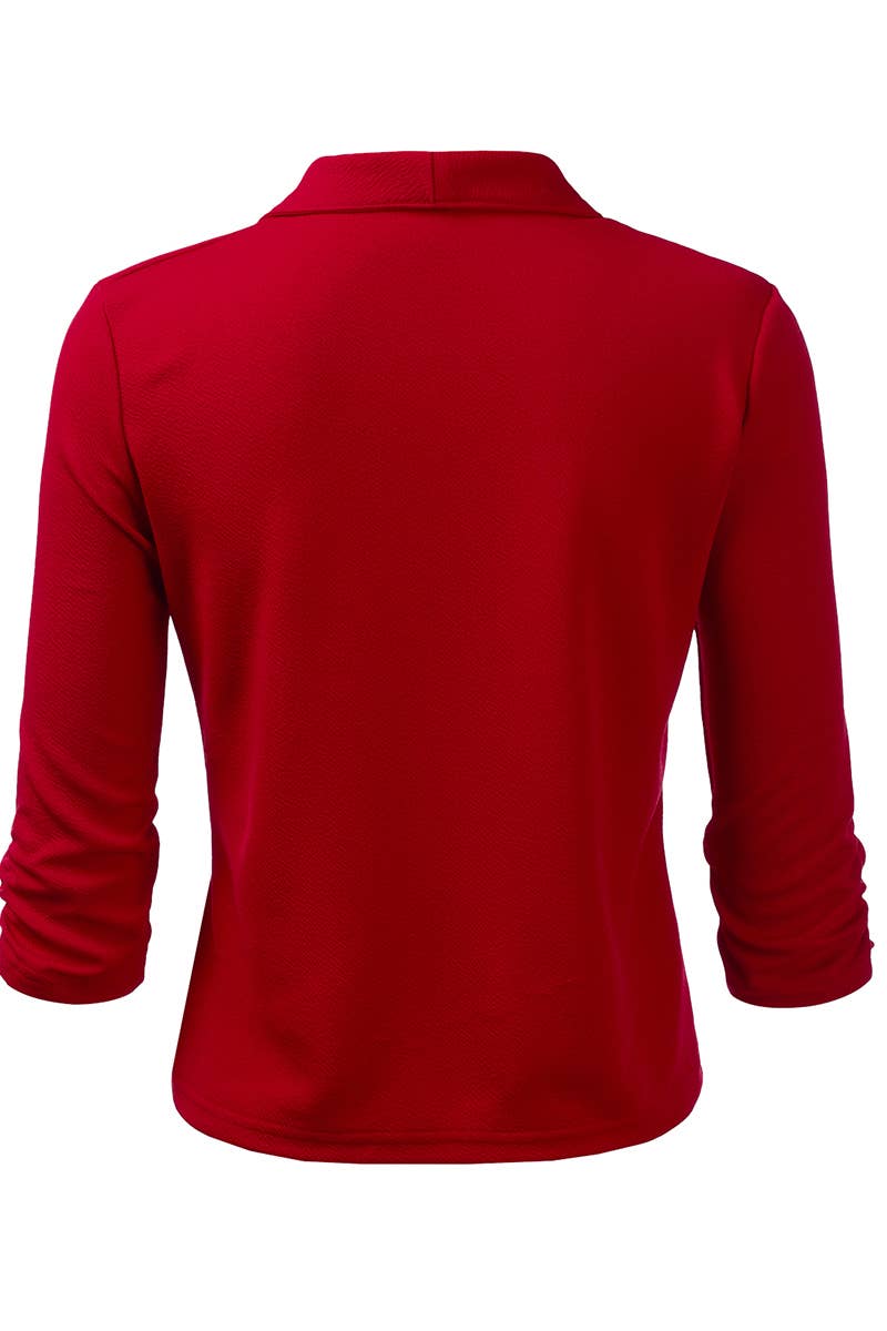 CWOBL091_Casual Work Ruched 3/4 Slv Open Front Blazer Jacket