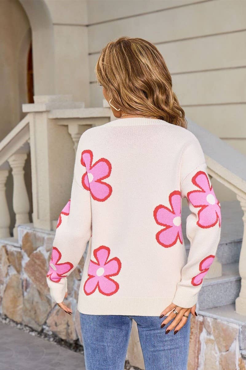 CWOSWL07599_FLORAL JACQUARD COLORBLOCK LOOSE KNIT TOP