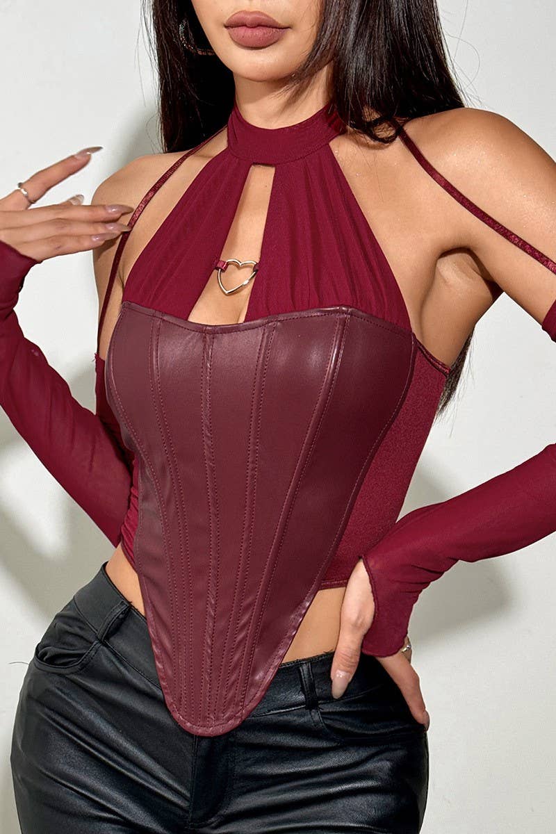 CWTBLL3640_PU LEATHER STITCHING SLEEVE HALTER NECK TOP