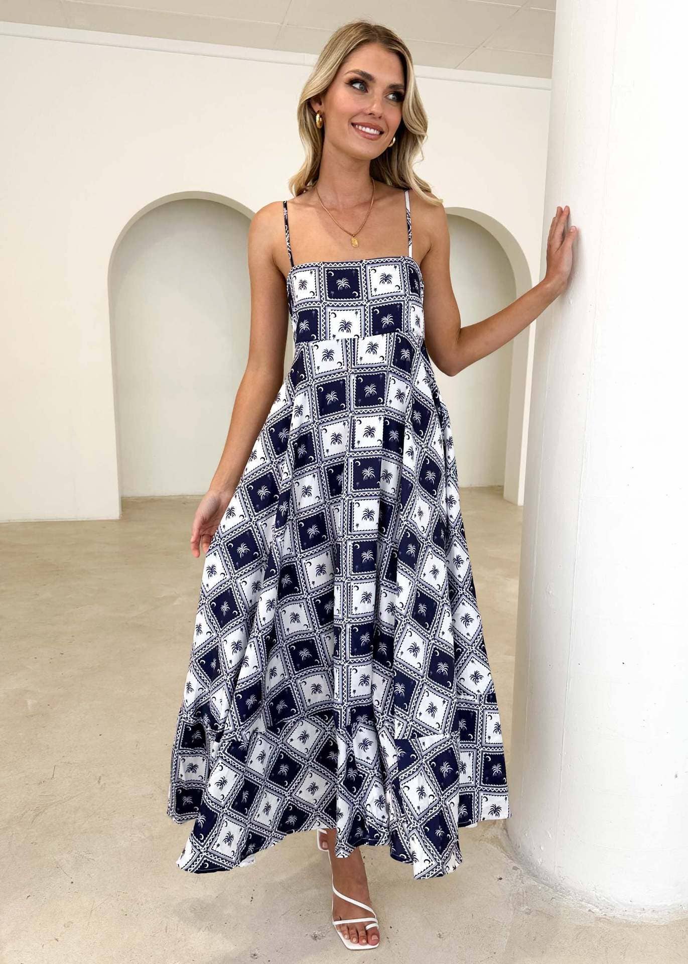 A fresh floral long high-cut halter dress