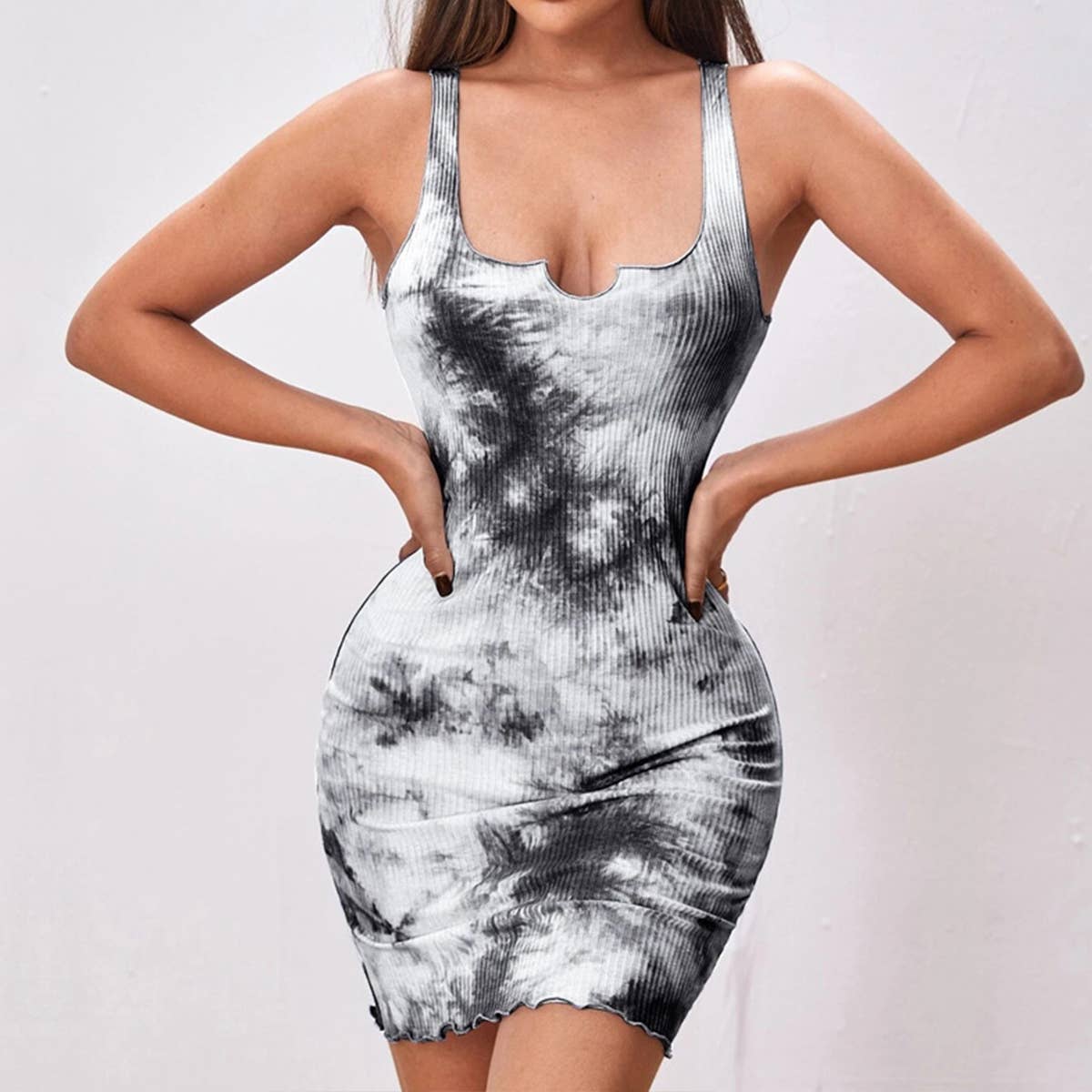 Form-fitting tie-dyed printed body-hugging dress