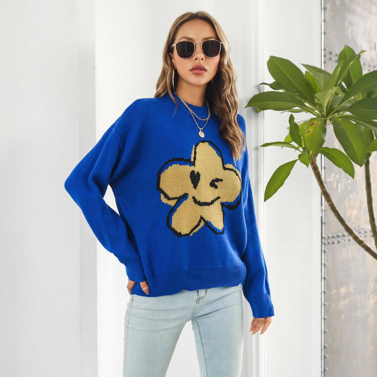 Cartoon jacquard sweater women's loose knit