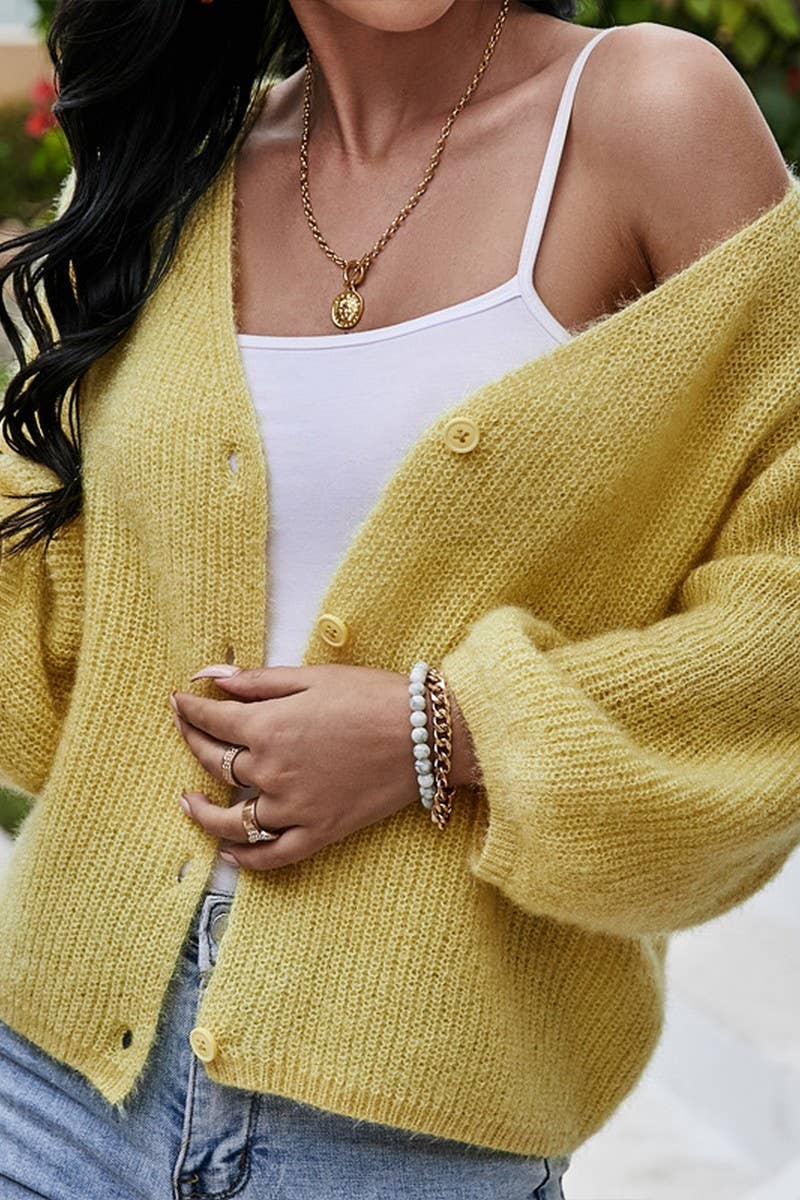 CWOCAL0792_V-NECK 3/4 SLEEVES SHORT KNITTED CARDIGAN