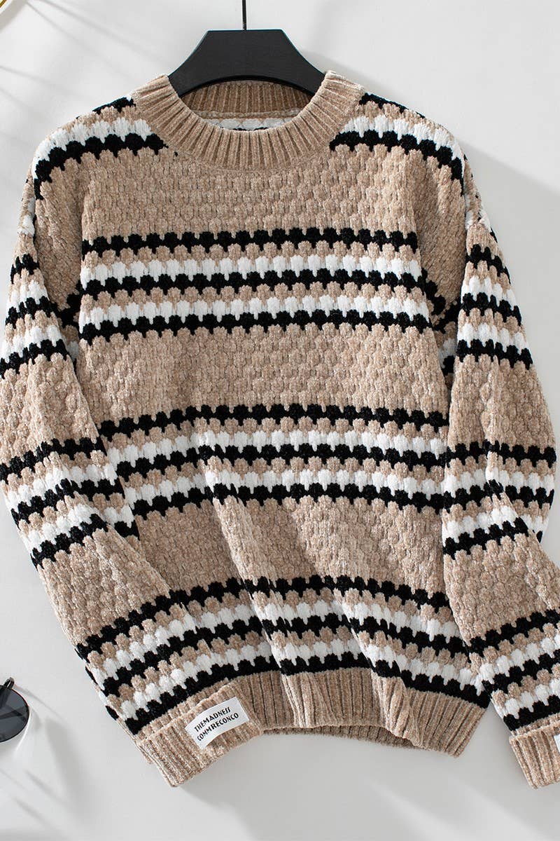 CWOSWL2921_CHENILLE CONTRAST STRIPE CREW NECK KNIT TOP