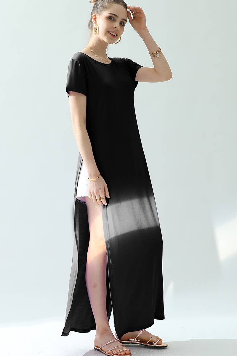 CWDMD824_ROUND NECK SHORT SLEEVE LONG DRESS WITH SLIT