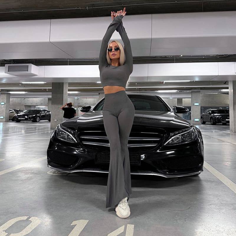 Bell Sleeve Crop Top & High Waist Flare Pants Set