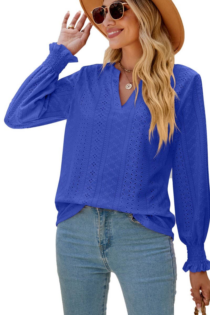 CWTBLL2407_V-NECK HOLLOW PLEATED LOTUS LEAF SLEEVE TOP