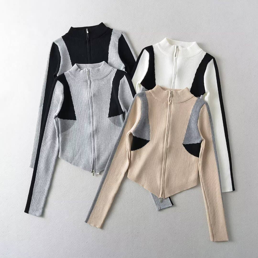 DESIGN SENSE COLOR CONTRAST DOUBLE ZIP SWEATER