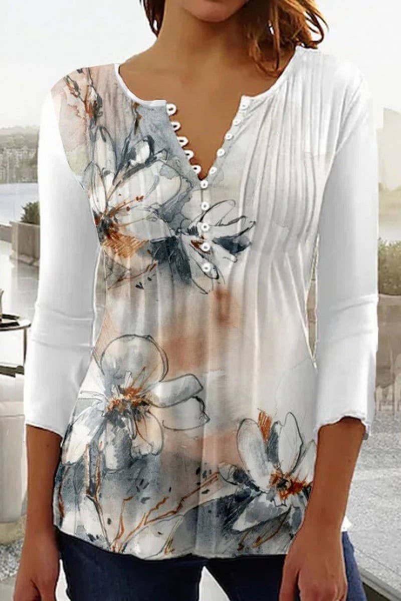 CWTTS1452_SPRING AND SUMMER V-NECK FLORAL BOTTOMING SHIRT