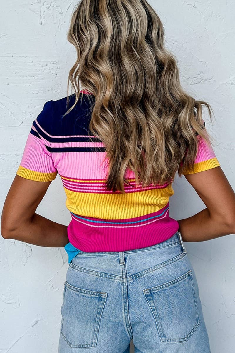 CWOSWS0098_CREW NECK STRIPED PATCHWORK SHORT-SLEEVED SWEATER
