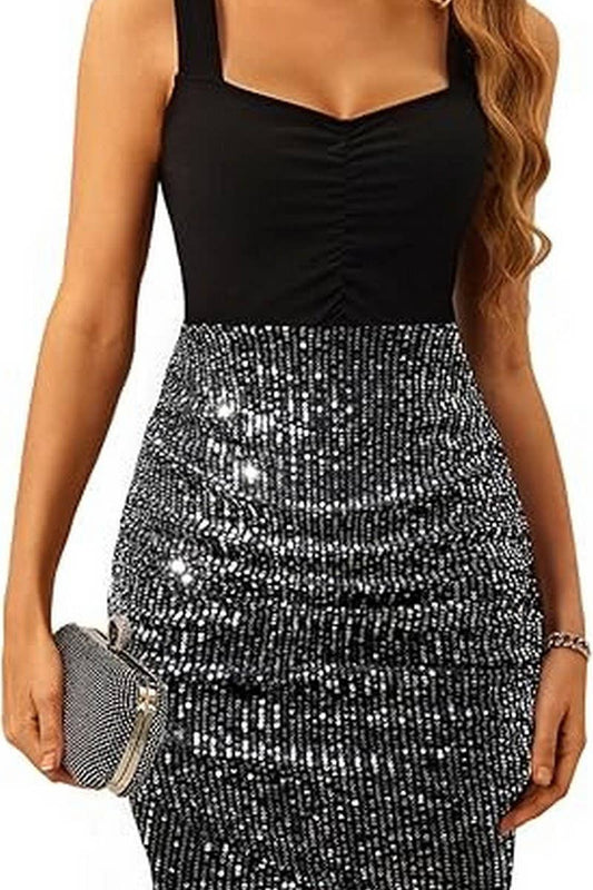 CWDSD7949_SEQUIN V-NECK PLEATED BODYCON MINI DRESS