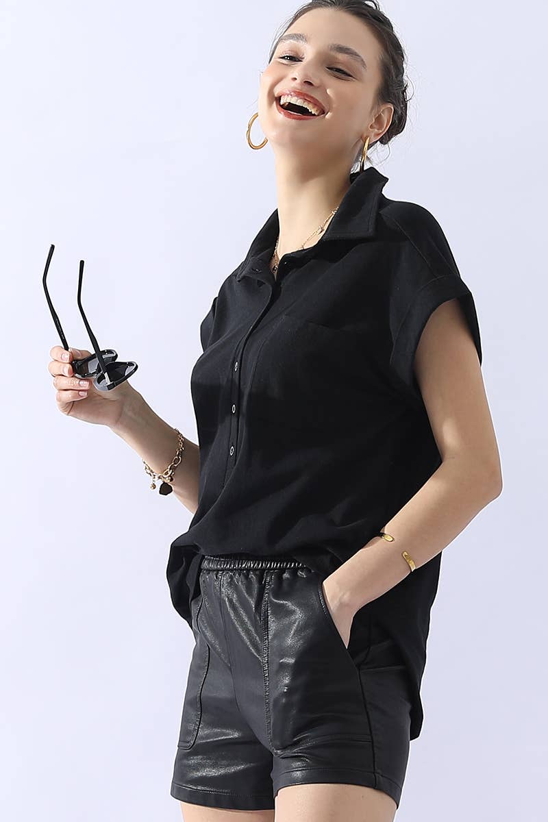 CWTTS698_JOHNNY COLLARS BUTTON CLOSER SHORT SLEEVE TOP