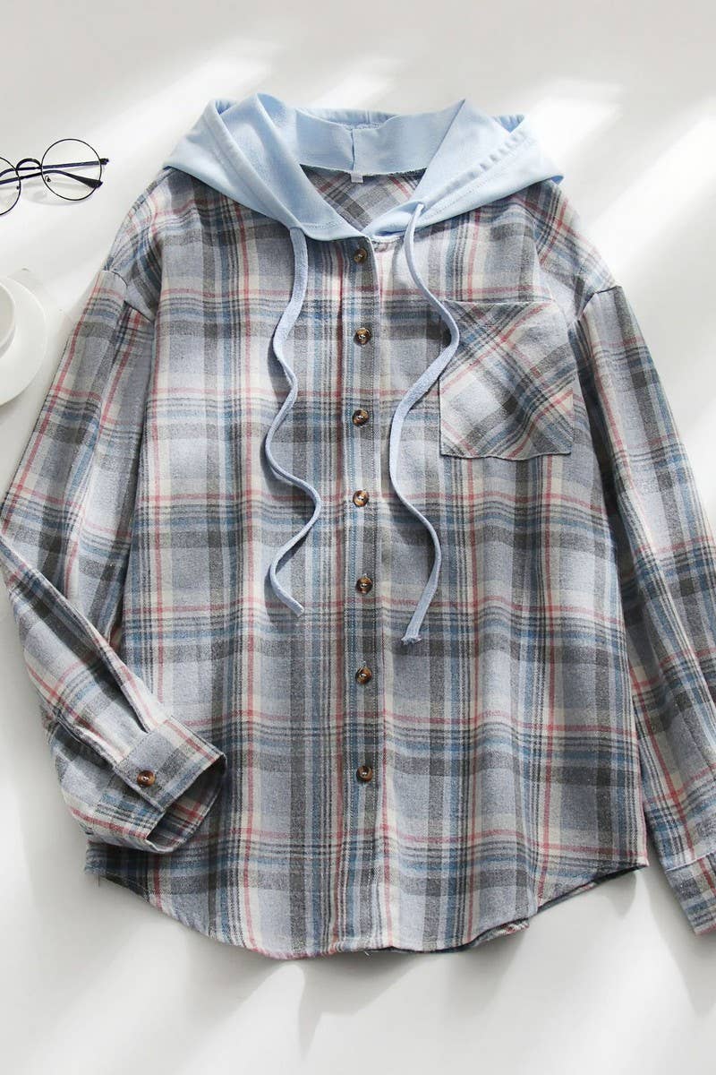 CWOCO1101_CASUAL HOODED COLORBLOCK PLAID SHIRT COAT
