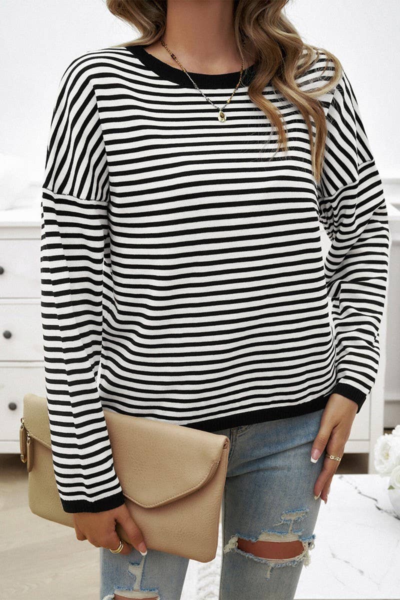 CWOSWL2129_CASUAL ROUND NECK STRIPED KNITTED SWEATER