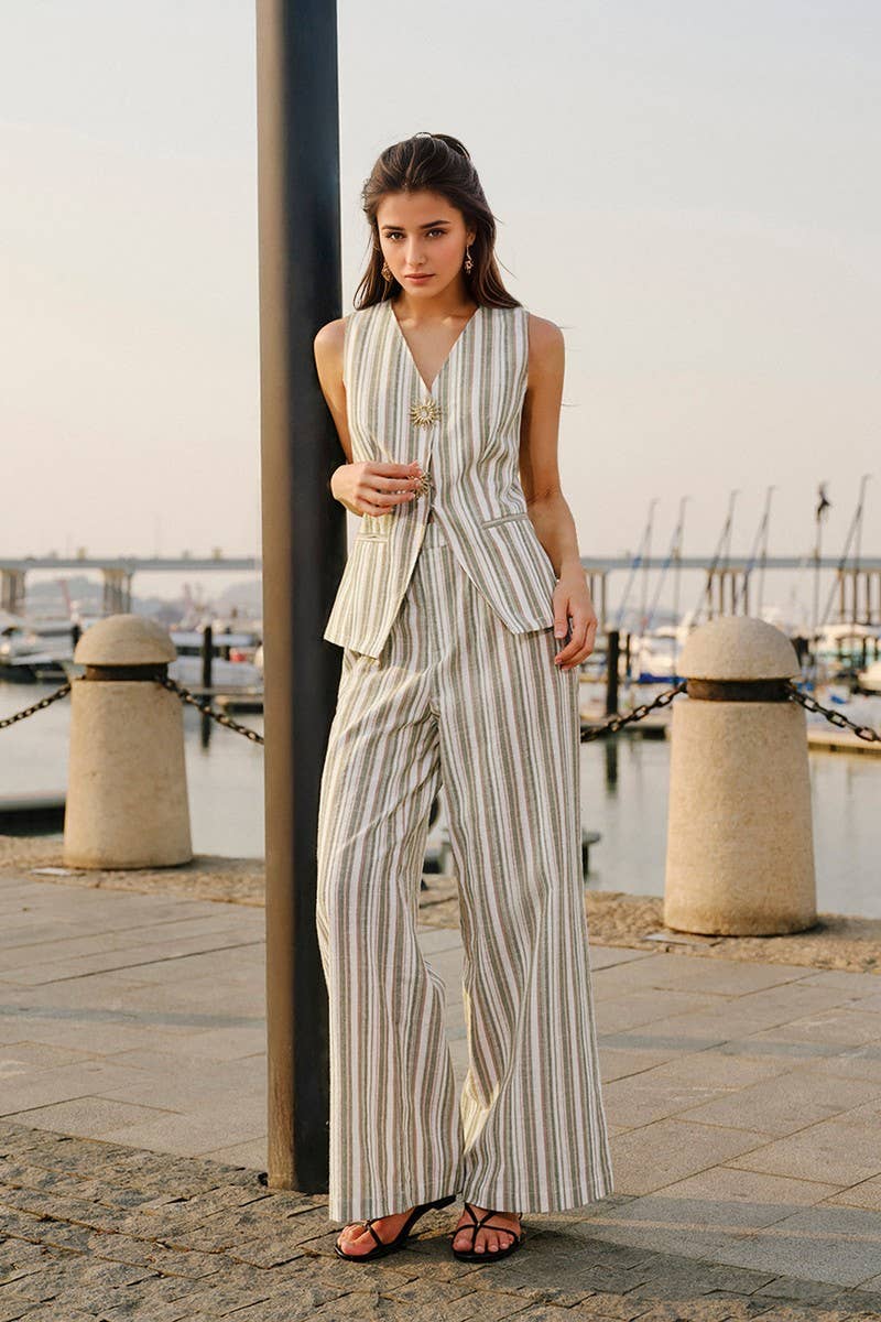 CWSTB2157_STRIPED SLEEVELESS TOP & WIDE-LEG PANTS SET