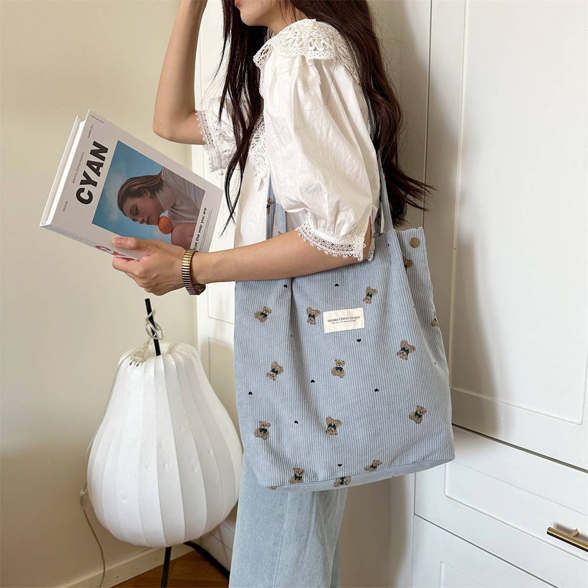 CWAB3901_CORDUROY BEAR PRINT SINGLE SHOULDER UNDERARM BAG