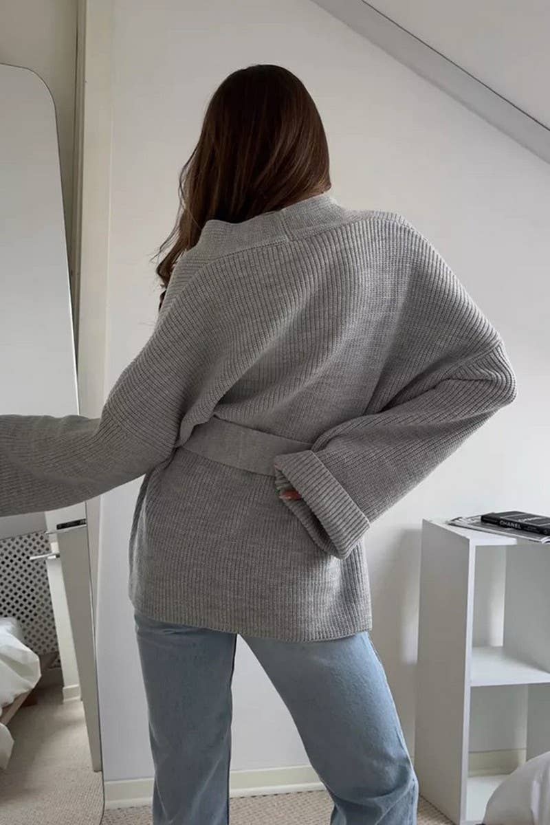 CWOCAL2240_SOLID COLOR LACE-UP LOOSE ROBE KNITTED CARDIGAN